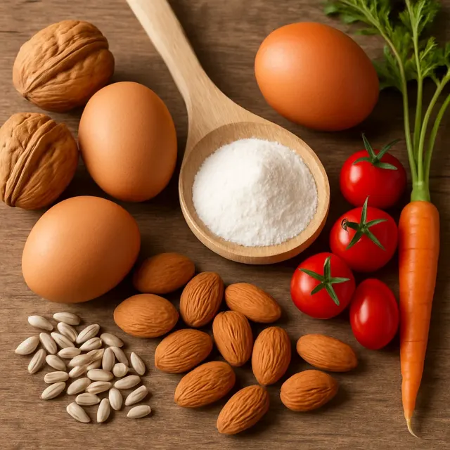 Natural food sources of biotin: eggs, almonds, seeds and vegetables